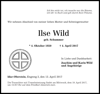 Traueranzeigen Von Ilse Wild Rz Trauer De