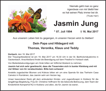 Traueranzeigen Von Jasmin Jung Rz Trauer De