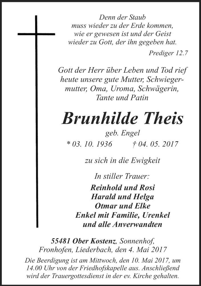 Traueranzeigen Von Brunhilde Theis Rz Trauer De