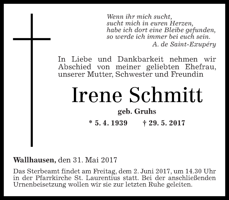 Traueranzeigen Von Irene Schmitt Rz Trauer De