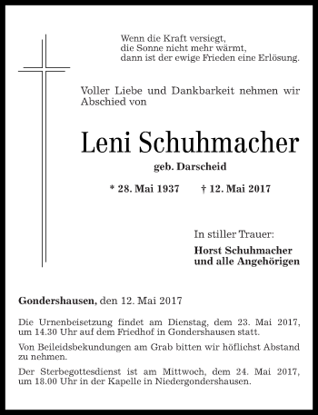 Traueranzeigen Von Leni Schuhmacher Rz Trauer De