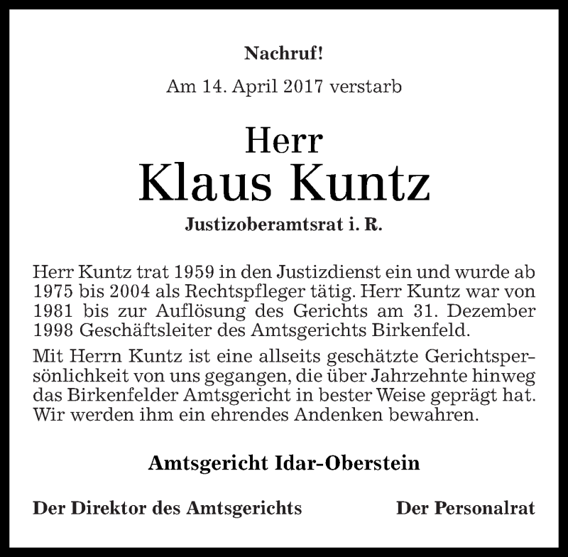 Traueranzeigen Von Klaus Kuntz Rz Trauer De