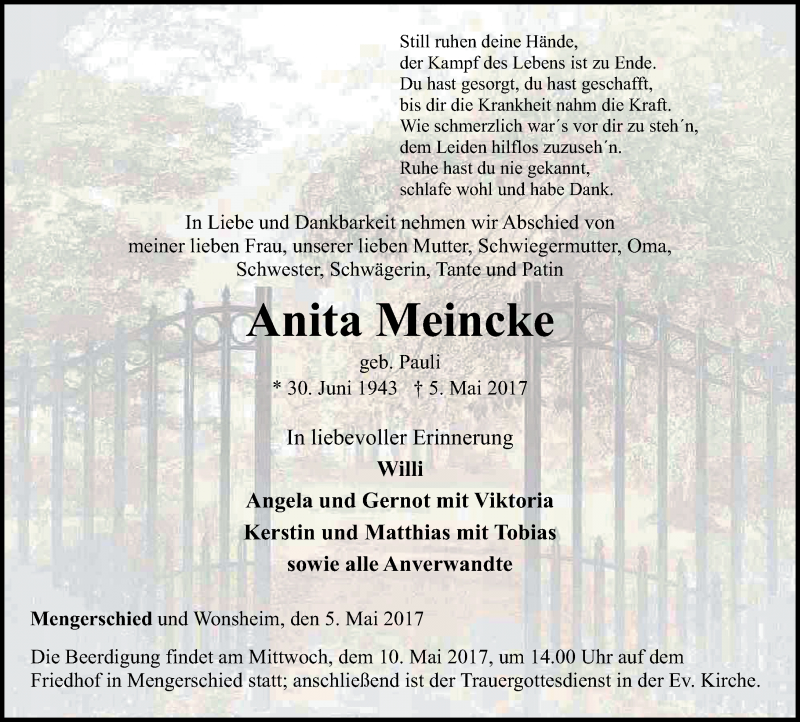 Traueranzeigen Von Anita Meincke Rz Trauer De