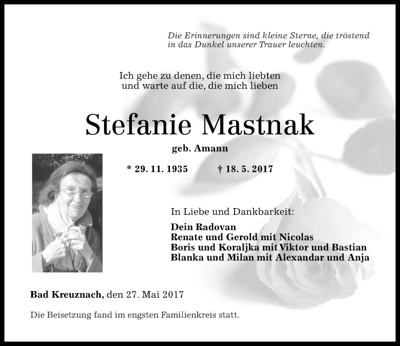 Traueranzeigen Von Stefanie Mastnak Rz Trauer De