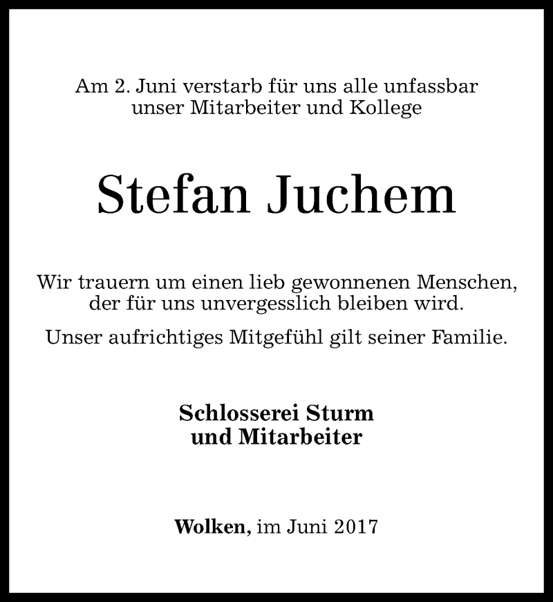 Traueranzeigen Von Stefan Juchem Rz Trauer De