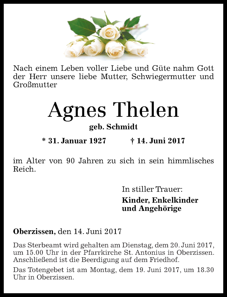 Traueranzeigen Von Agnes Thelen Rz Trauer De