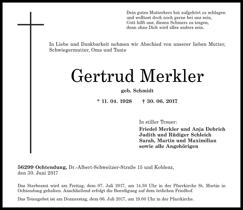 Traueranzeigen Von Gertrud Merkler Rz Trauer De