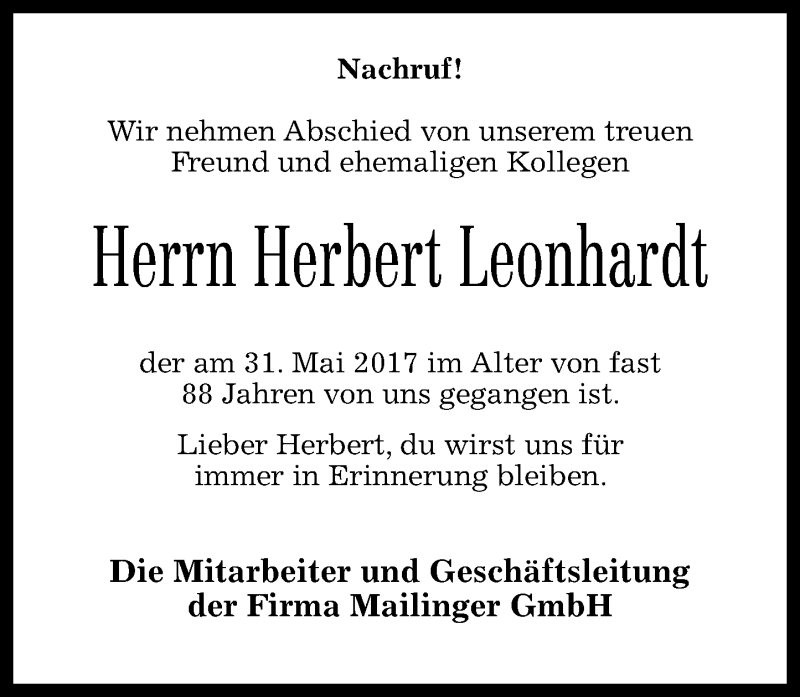 Traueranzeigen Von Herbert Leonhardt Rz Trauer De