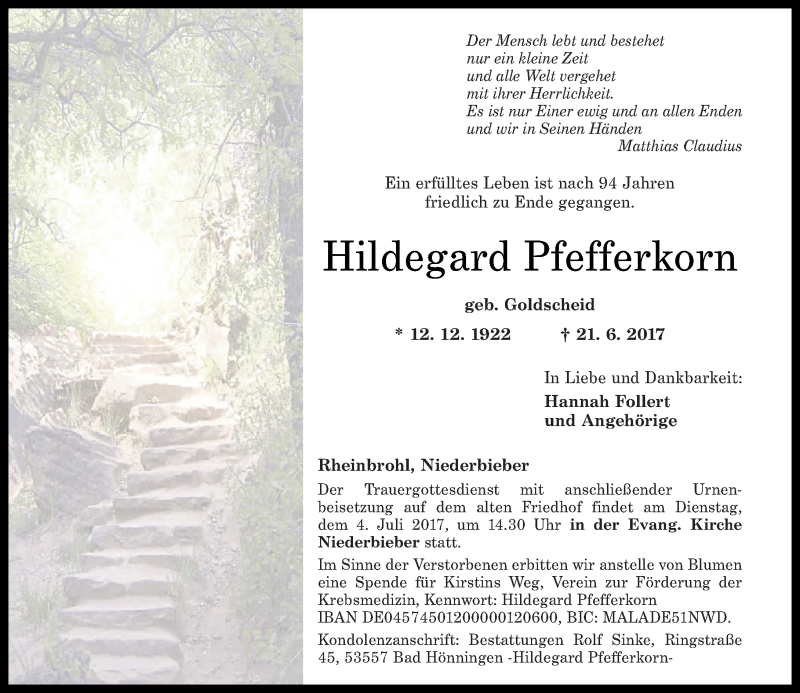 Traueranzeigen Von Hildegard Pfefferkorn Rz Trauer De