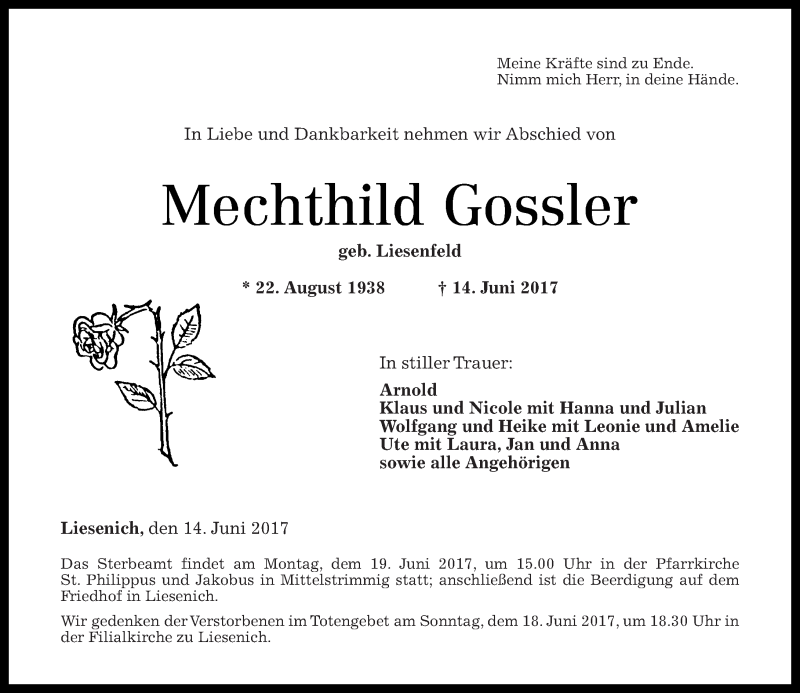 Traueranzeigen Von Mechthild Gossler Rz Trauer De