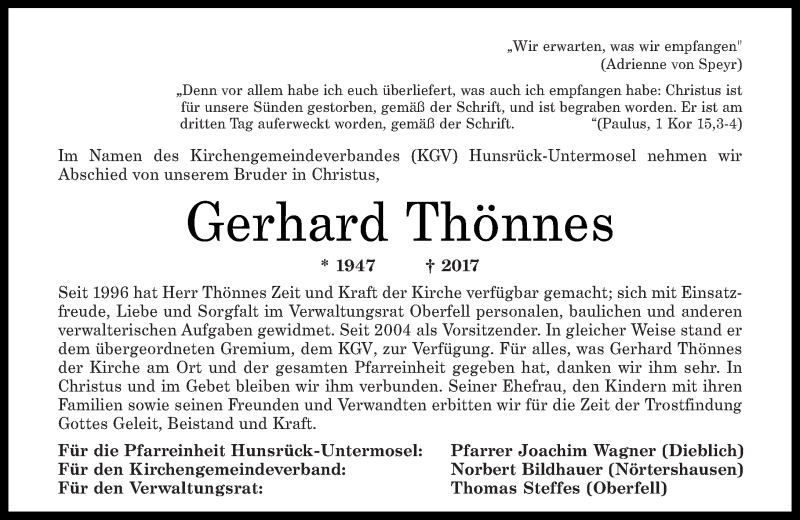 Traueranzeigen von Gerhard Thönnes rz trauer de