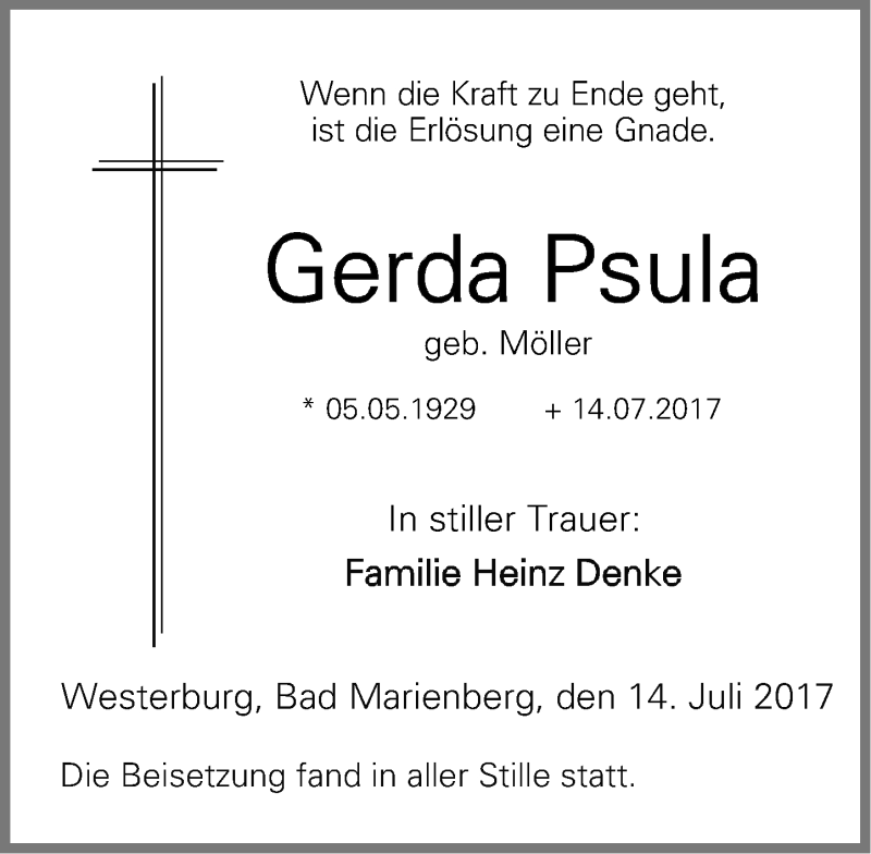 Traueranzeigen Von Gerda Psula Rz Trauer De