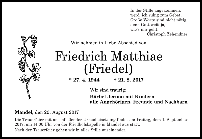 Traueranzeigen Von Friedrich Matthiae Rz Trauer De