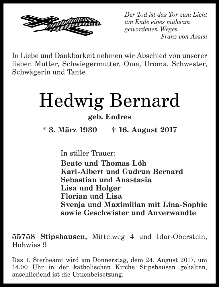 Traueranzeigen Von Hedwig Bernard Rz Trauer De