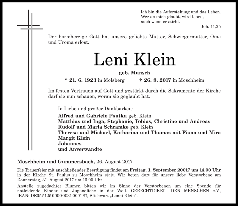 Traueranzeigen Von Leni Klein Rz Trauer De