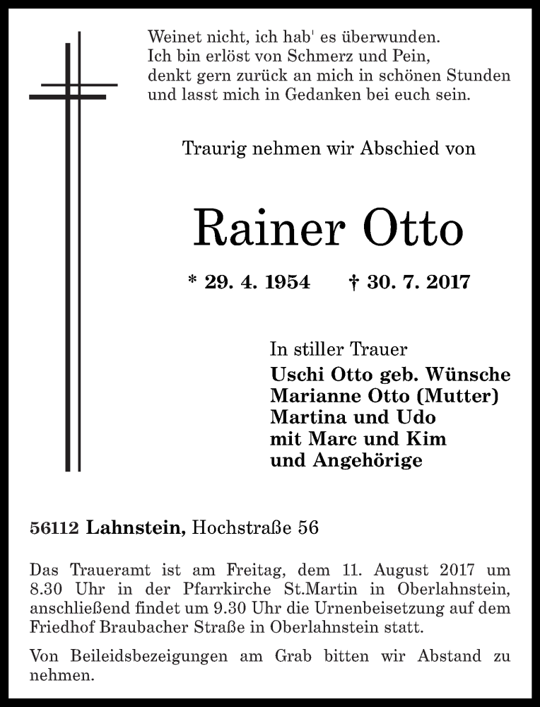 Traueranzeigen Von Rainer Otto Rz Trauer De