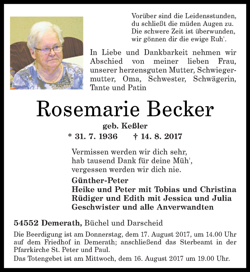 Traueranzeigen Von Rosemarie Becker Rz Trauer De