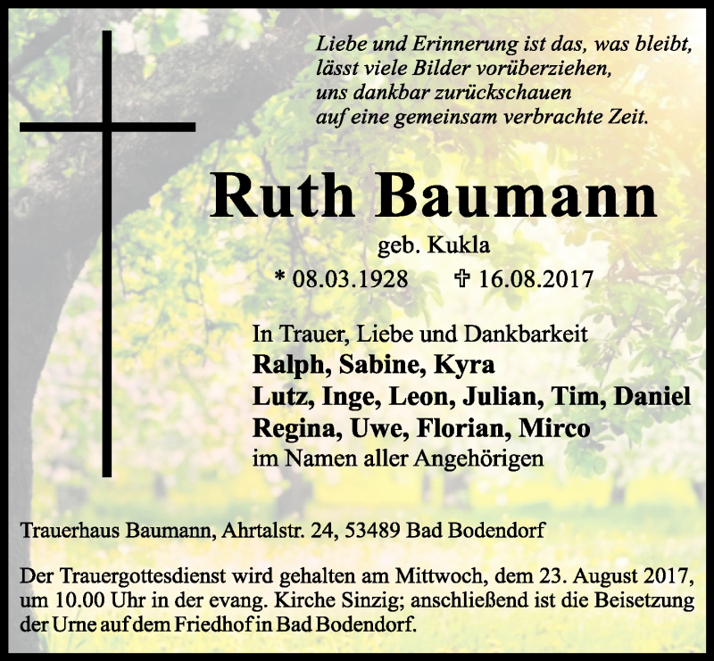 Traueranzeigen Von Ruth Baumann Rz Trauer De