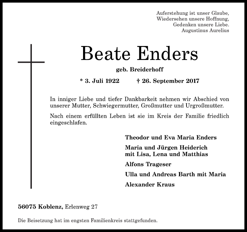 Traueranzeigen Von Beate Enders Rz Trauer De