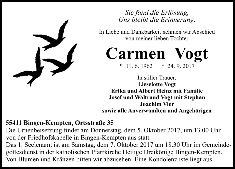 Traueranzeigen Von Carmen Vogt Rz Trauer De