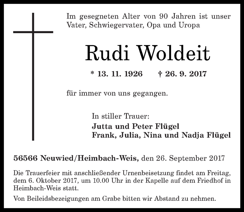 Traueranzeigen Von Rudi Woldeit Rz Trauer De