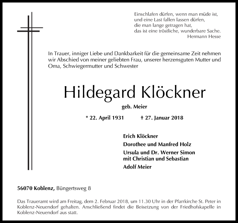 Traueranzeigen Von Hildegard Kl Ckner Rz Trauer De