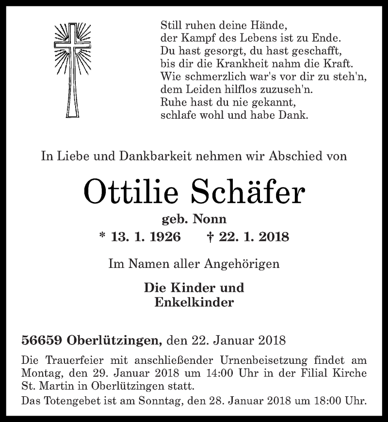 Traueranzeigen von Ottilie Schäfer rz trauer de