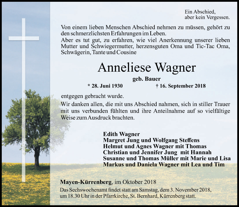 Traueranzeigen Von Anneliese Wagner Rz Trauer De