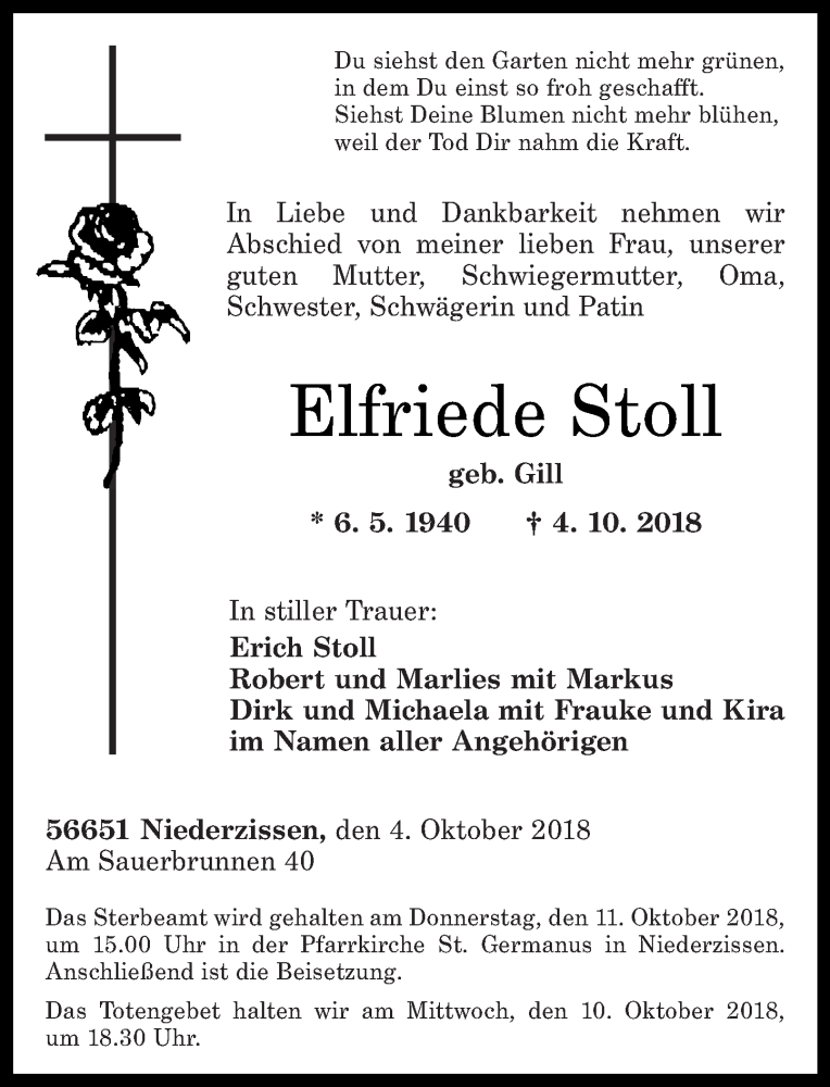 Traueranzeigen Von Elfriede Stoll Rz Trauer De