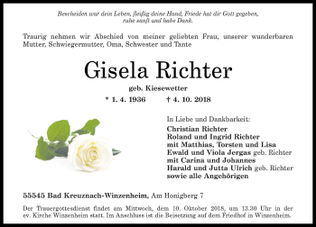 Traueranzeigen Von Gisela Richter Rz Trauer De