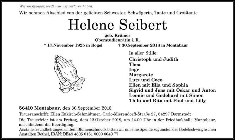 Traueranzeigen Von Helene Seibert Rz Trauer De