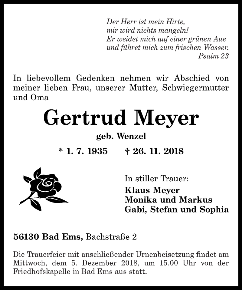 Traueranzeigen Von Gertrud Meyer Rz Trauer De