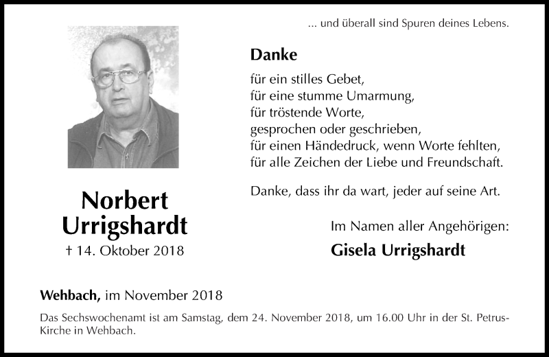 Traueranzeigen Von Norbert Urrigshardt Rz Trauer De