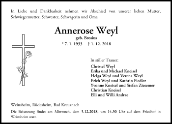 Traueranzeigen Von Annerose Weyl Rz Trauer De