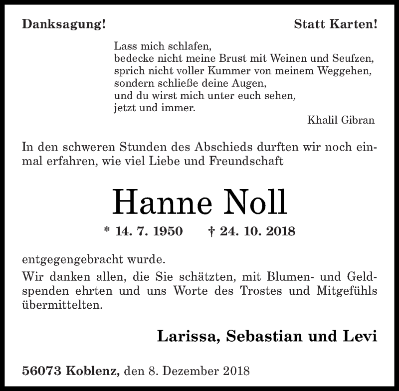 Traueranzeigen Von Hanne Noll Rz Trauer De