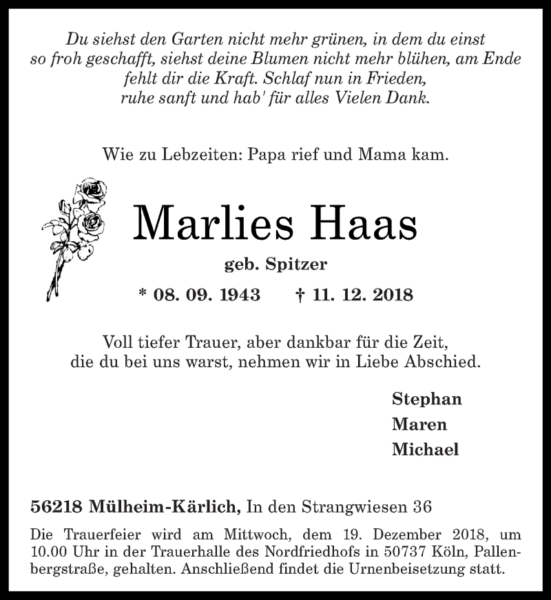 Traueranzeigen Von Marlies Haas Rz Trauer De