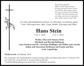 Traueranzeigen Von Hans Stein Rz Trauer De