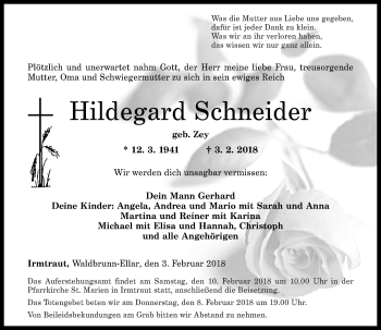 Traueranzeigen Von Hildegard Schneider Rz Trauer De