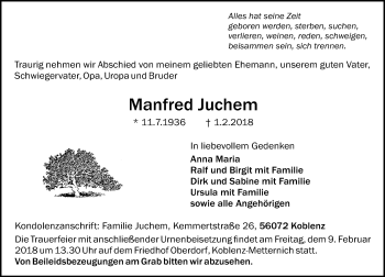 Traueranzeigen Von Manfred Juchem Rz Trauer De