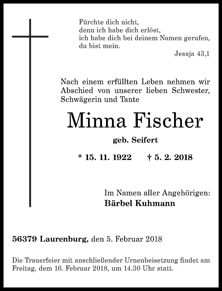 Traueranzeigen Von Minna Fischer Rz Trauer De