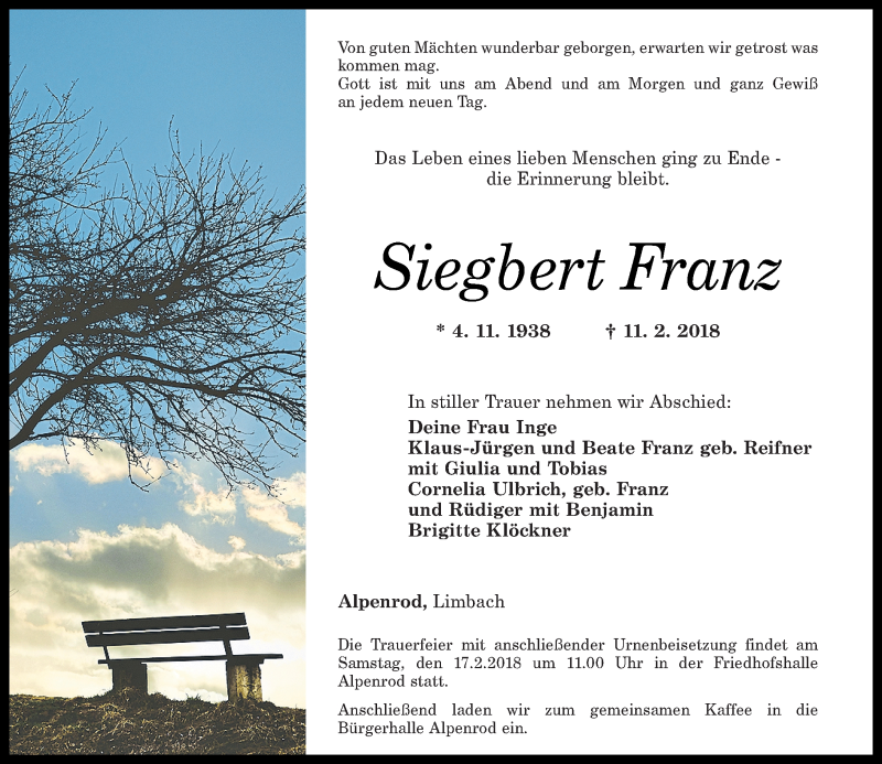 Traueranzeigen Von Siegbert Franz Rz Trauer De