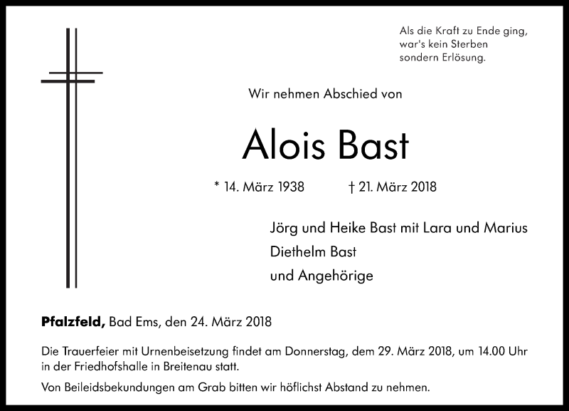 Traueranzeigen Von Alois Bast Rz Trauer De