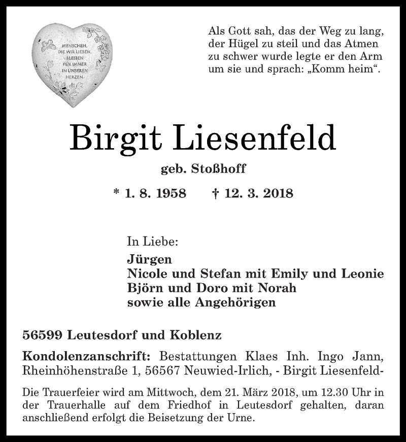 Traueranzeigen Von Birgit Liesenfeld Rz Trauer De