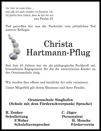 Traueranzeigen Von Christa Hartmann Pflug Rz Trauer De