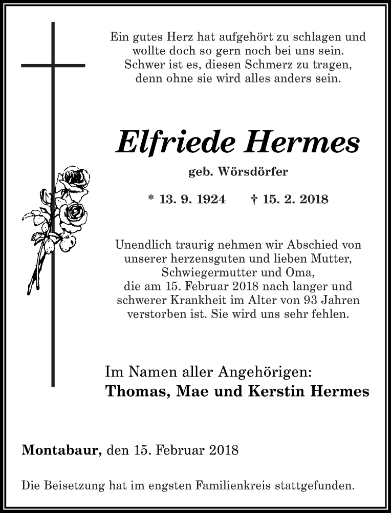 Traueranzeigen Von Elfriede Hermes Rz Trauer De