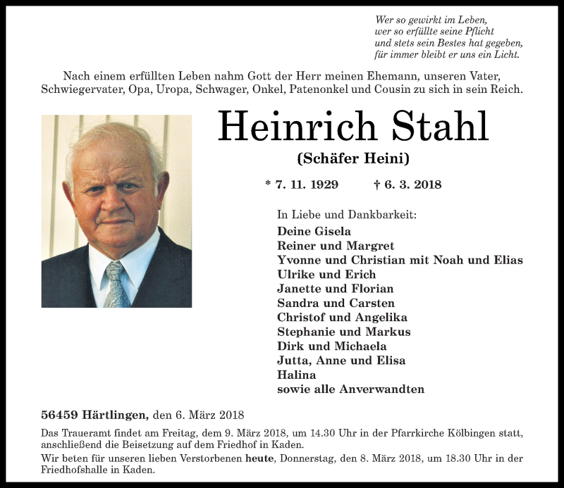 Traueranzeigen Von Heinrich Stahl Rz Trauer De