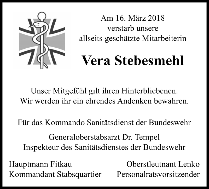 Traueranzeigen Von Vera Stebesmehl Rz Trauer De