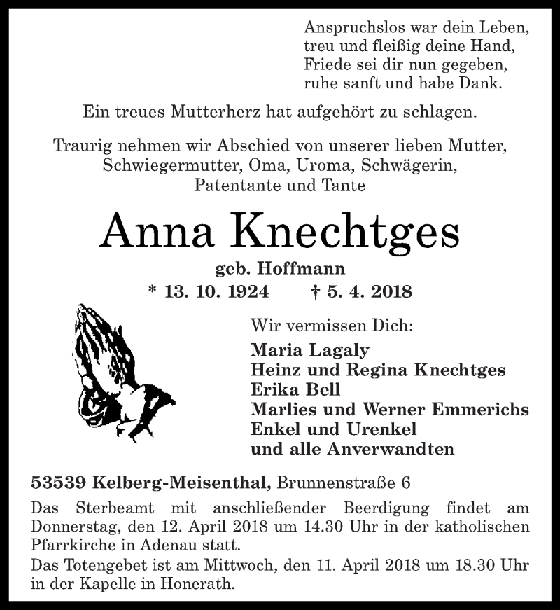 Traueranzeigen Von Anna Knechtges Rz Trauer De