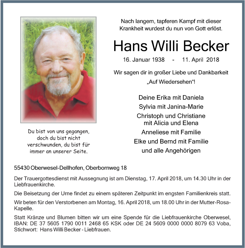 Traueranzeigen Von Hans Willi Becker Rz Trauer De