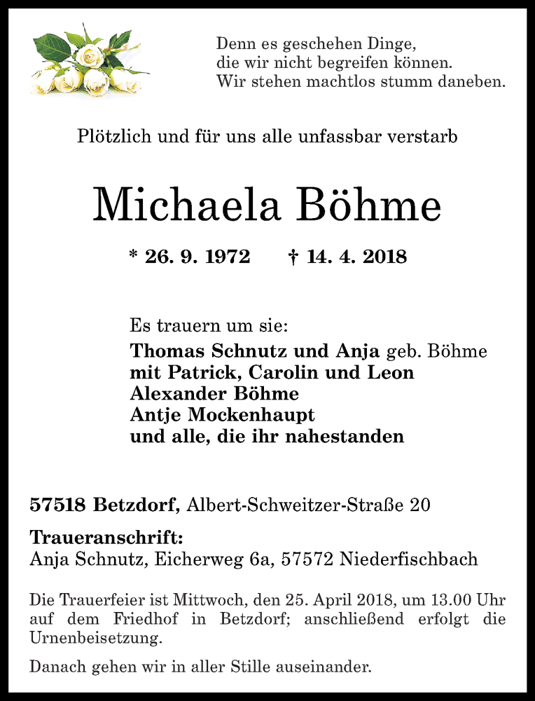 Traueranzeigen Von Michaela B Hme Rz Trauer De